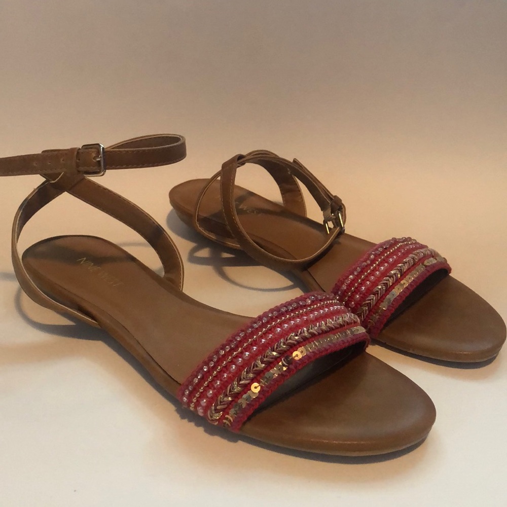 Nine West tan sandals with beaded toe strap